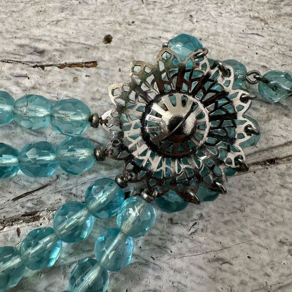 Vintage 1950s Aqua Multi Strand Rhinestone Beaded Necklace - Picture 7 of 9
